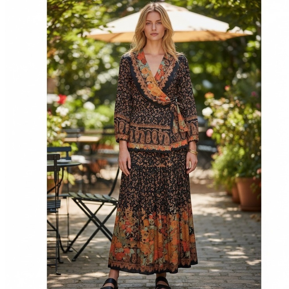 A.C Sport Skirt Suit Women 20W Paisley Floral Wrap Jacket Maxi Skirt QuietLuxury